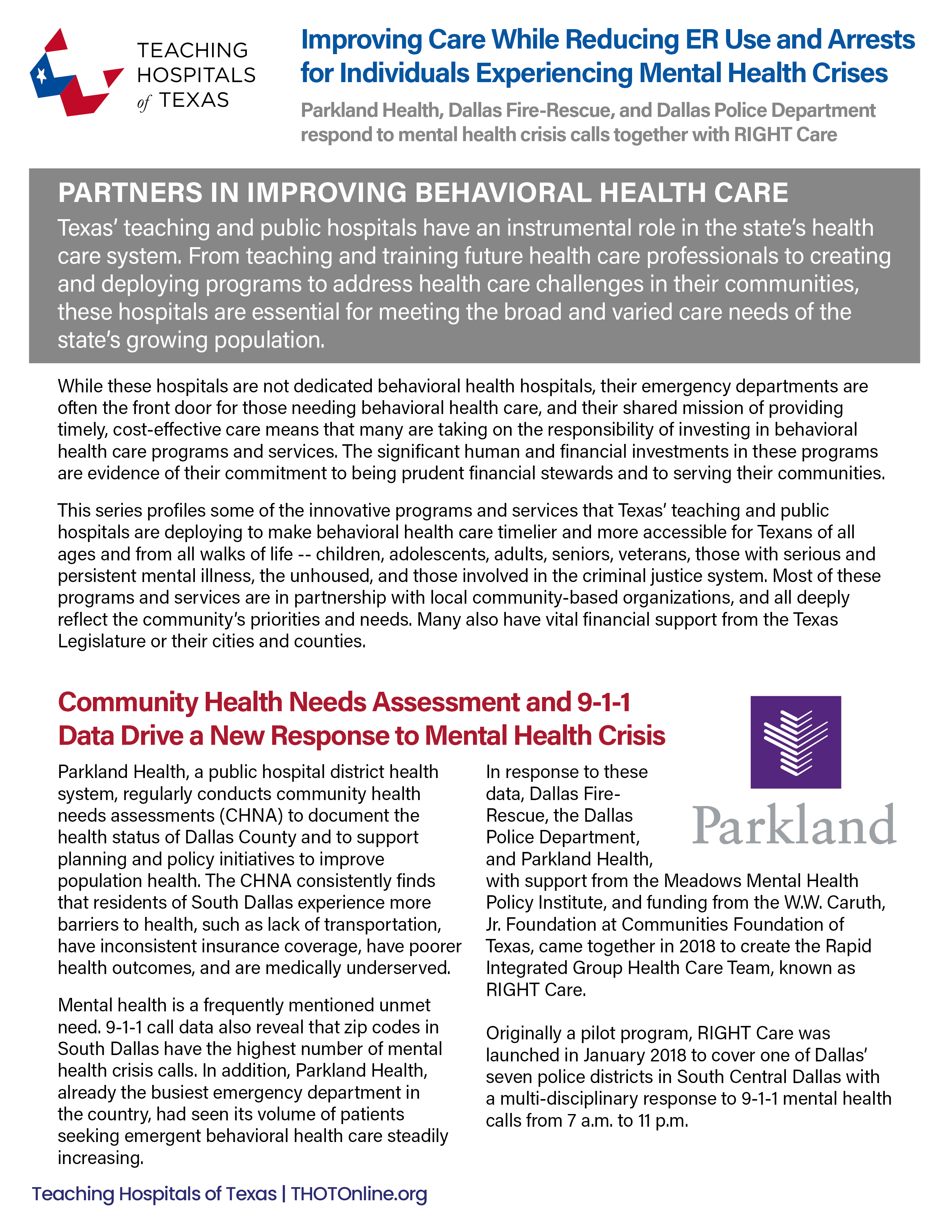 THOT Member Parkland Health's RIGHT Care program helps patients experiencing a mental health crisis. Image of PDF.